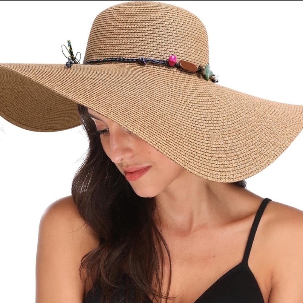 Bohemian Large straw hat with beading detailing with chin strap and bow tie - Picture 6 of 15